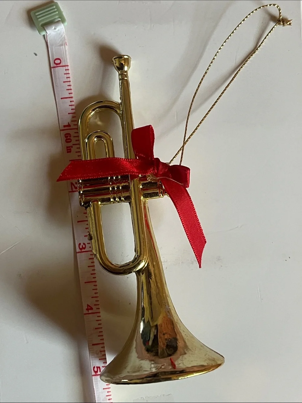 Gold Trumpet Ornament with Red Bow